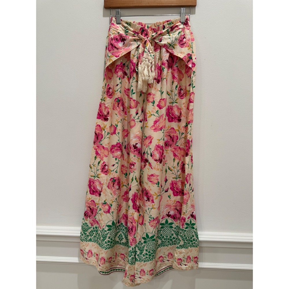 Simples Floral Wide Leg Pants Cream Pink Green Boho Tie Waist Size M beach